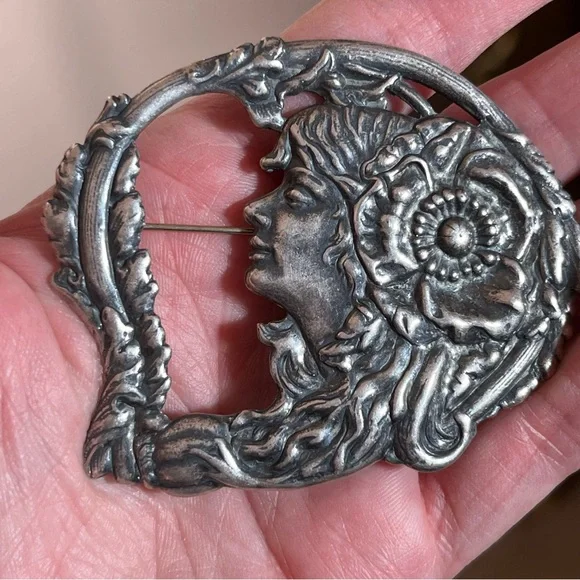 Antique Art Nouveau Art Deco Silver Lady Face Victorian Brooch Fairycore - Picture 10 of 15